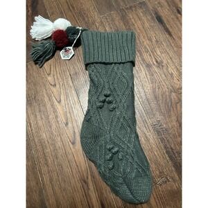 Winter Magic Cozy Knit Christmas Stocking Tassels Pom Poms Green Cable Knit